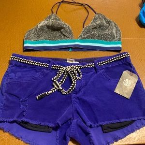 Element blue shorts and a sparkly bando bra.**BRAND NEW** **Will sell separate**